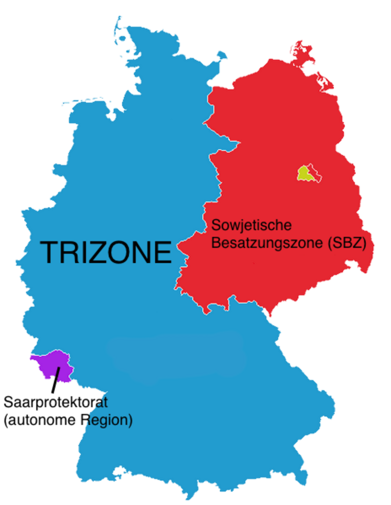 Farbgrafik: Deutschlandkarte mit farblich differenzierten Zonen. Die größte Zone ist in blau gehalten und enthält die Aufschrift "TRIZONE".