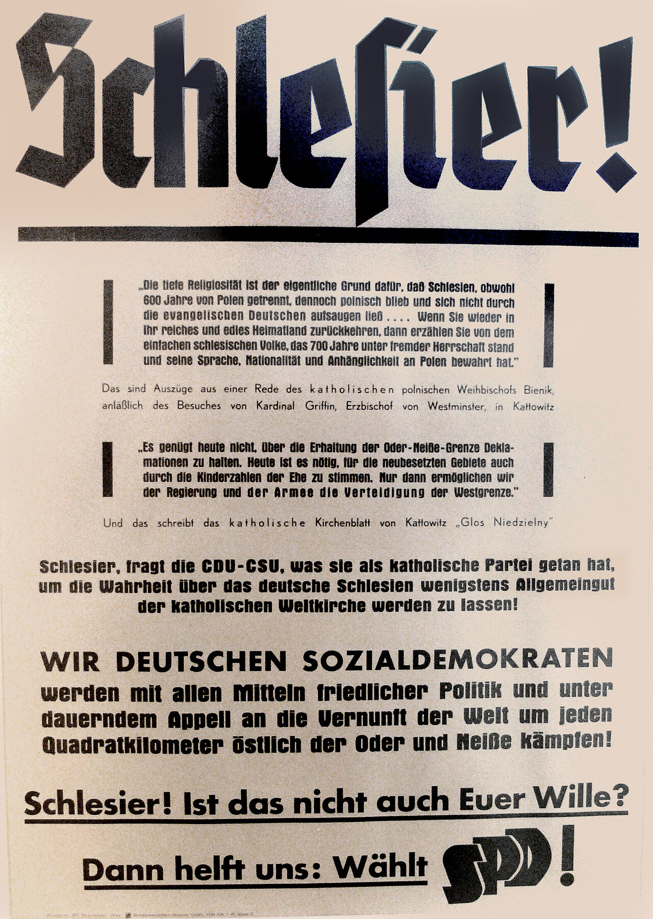 Farbplakat: Schriftstück mit viel Text und der Überschrift Schlesier.