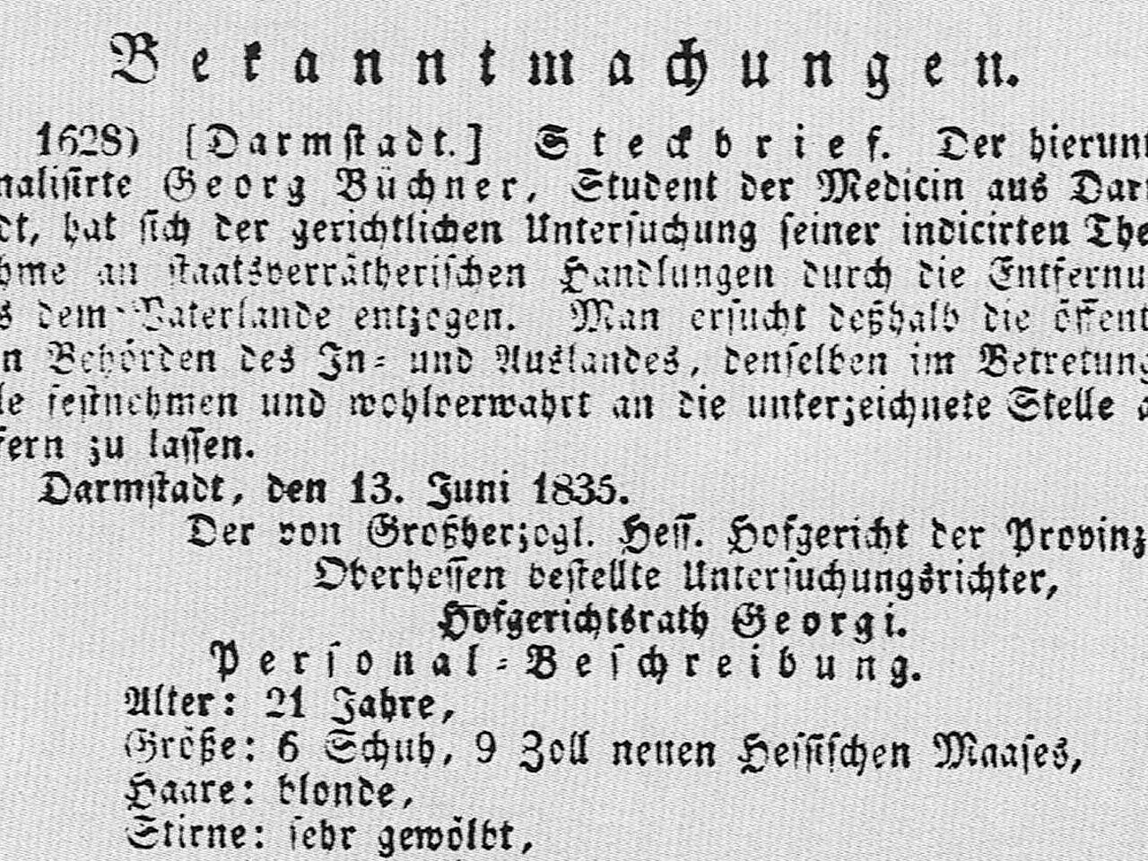 Steckbrief Büchners, Quelle: Großherzoglich Hessische Zeitung, 18. Juni 1835