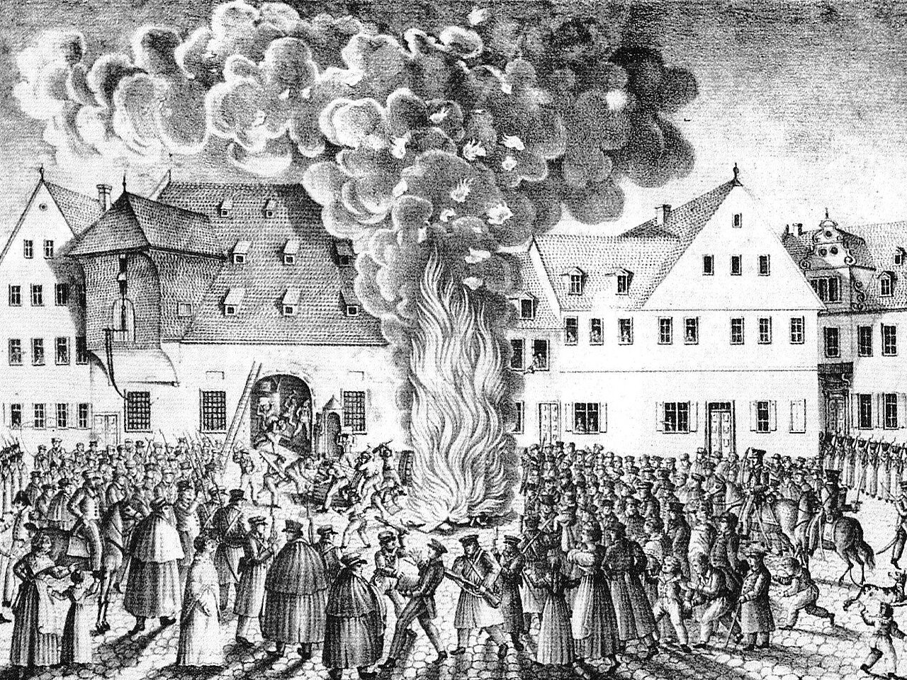 Die Zerstörung des Hanauer Licentamtes am 24. September 1830. Städtische Museen Hanau / HGV 1844 e.V., Inv.Nr. HGV-B0000.3481 Die Zerstörung des Hanauer Licentamtes am 24. September 1830. Städtische Museen Hanau / HGV 1844 e.V., Inv.Nr. HGV-B0000.3481