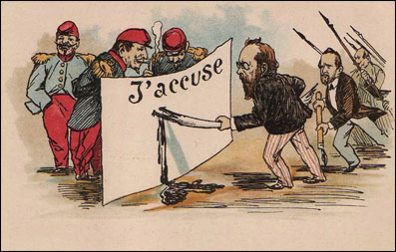 Postcard of Emile Zola and his famous article J'Accuse...! (1899). Public Domain via Wikimedia Commons <https://commons.wikimedia.org/wiki/File:Carte_jaccuse.jpg>