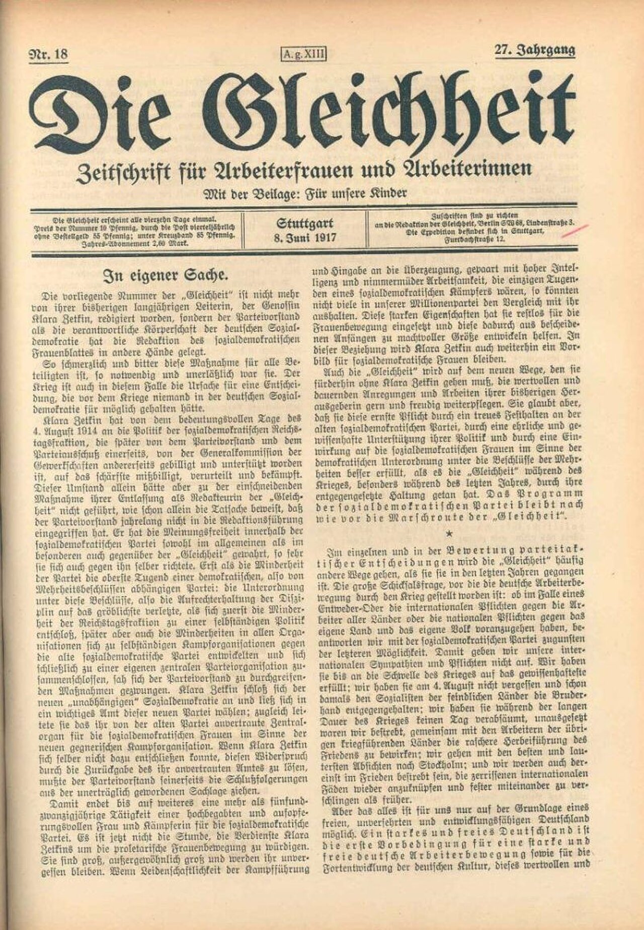 Zeitschrift "Die Gleichheit". Foto: Public domain, via Wikimedia Commons; https://upload.wikimedia.org/wikipedia/commons/6/61/Die_Gleichheit_8_June_1917.jpg