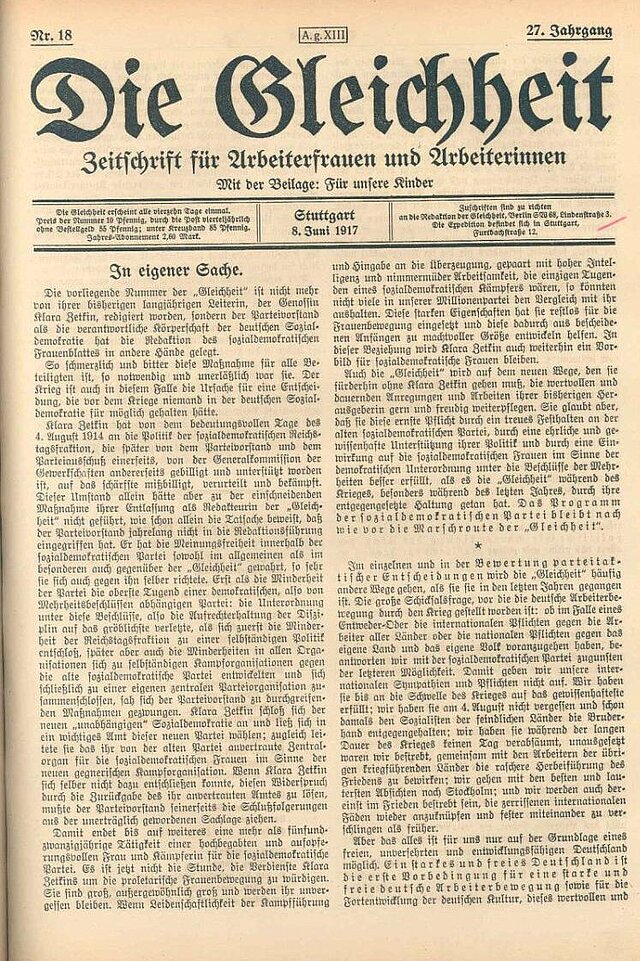 Zeitschrift "Die Gleichheit". Foto: Public domain, via Wikimedia Commons; https://upload.wikimedia.org/wikipedia/commons/6/61/Die_Gleichheit_8_June_1917.jpg