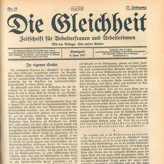 Zeitschrift "Die Gleichheit". Foto: Public domain, via Wikimedia Commons; https://upload.wikimedia.org/wikipedia/commons/6/61/Die_Gleichheit_8_June_1917.jpg