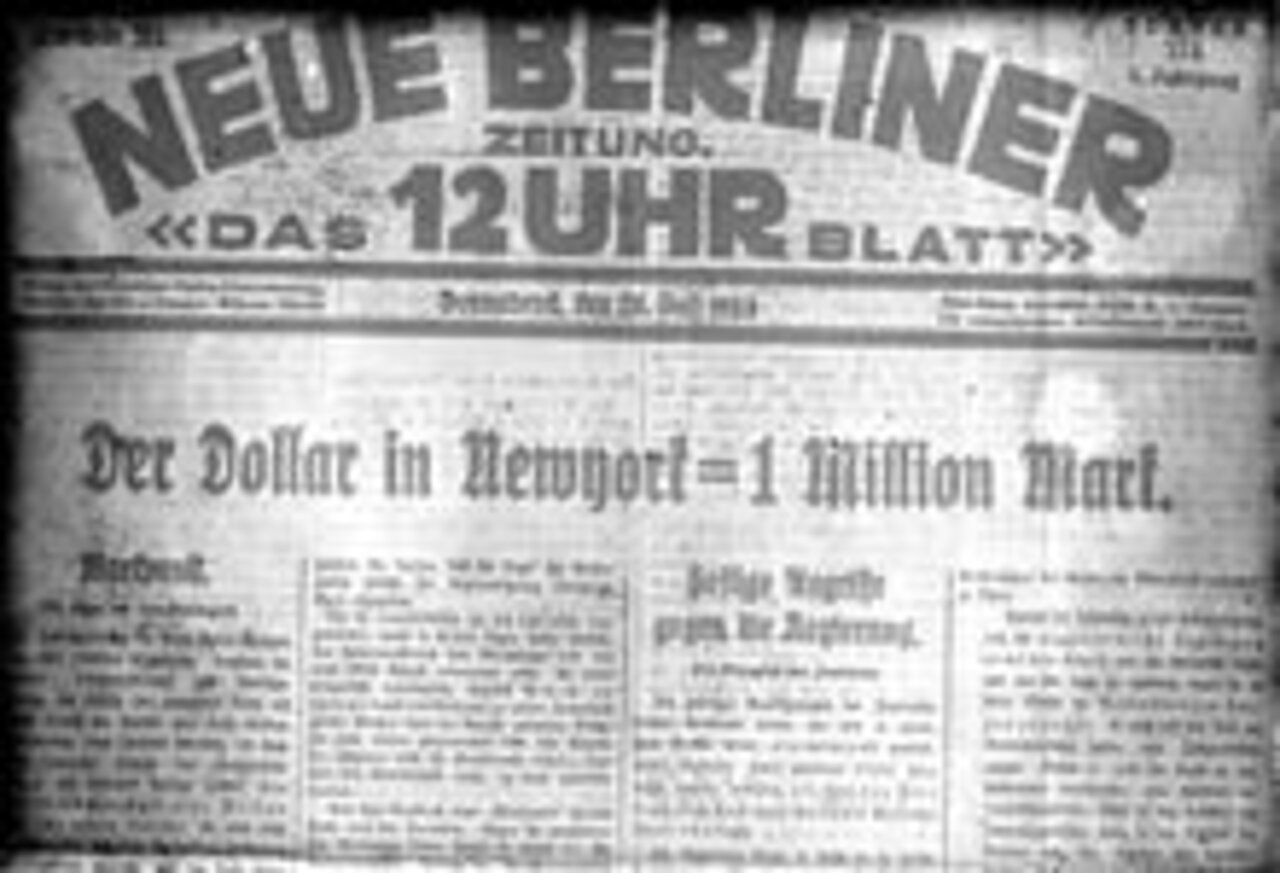 Berliner Tageszeitung meldet, dass in New York ein Dollar eine Million Mark kostet, Juli 1923. Von Bundesarchiv, Bild 102-00134 / CC-BY-SA 3.0, CC BY-SA 3.0 de, https://commons.wikimedia.org/w/index.php?curid=5478690
