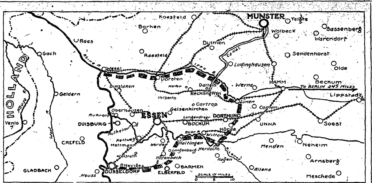 Map of French invasion of the Ruhr, January 1923 . Associated Press, Public domain, via Wikimedia Commons <https://commons.wikimedia.org/wiki/File:Ruhr01181923.png>