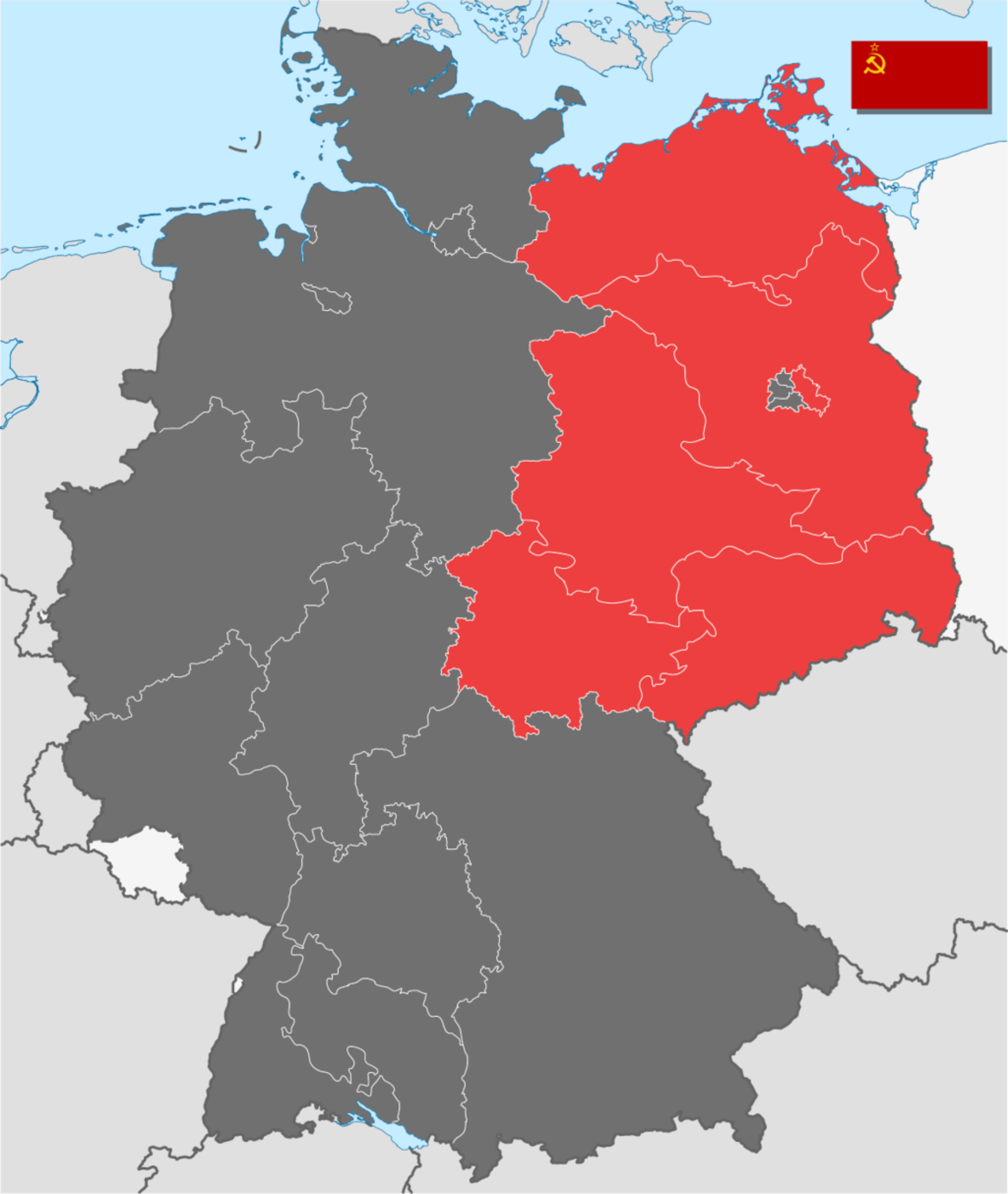Farbgrafik: Deutschlandkarte mit roter Markierung für sowjetische Besatzungszone