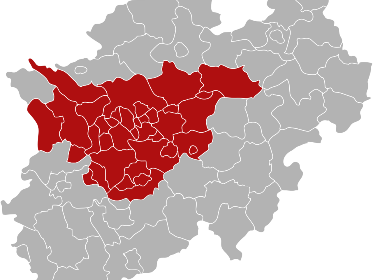 Das im Ruhrstatut als Ruhr definierte Gebiet (rot) in Nordrhein-Westfalen. Weetwat, Public domain, via Wikimedia Commons, https://upload.wikimedia.org/wikipedia/commons/9/97/Ruhr_in_NRW.svg