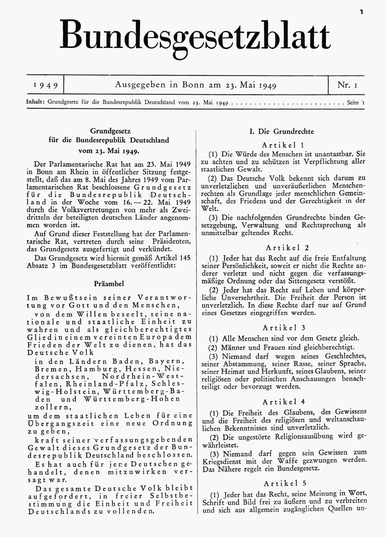 Erste Ausgabe des Bundesgesetzblatts I vom 23.05.1949 mit dem Text des Grundgesetzes; Foto: Parlamentarischer Rat, Public domain, via Wikimedia Commons https://upload.wikimedia.org/wikipedia/commons/7/78/GG1949.png