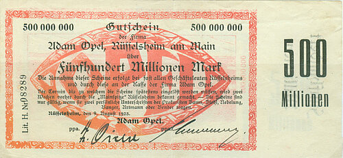 Farbfoto:500 Millionen Mark Geldschein (rot auf weiß) mit einem Opel Firmenstempel
