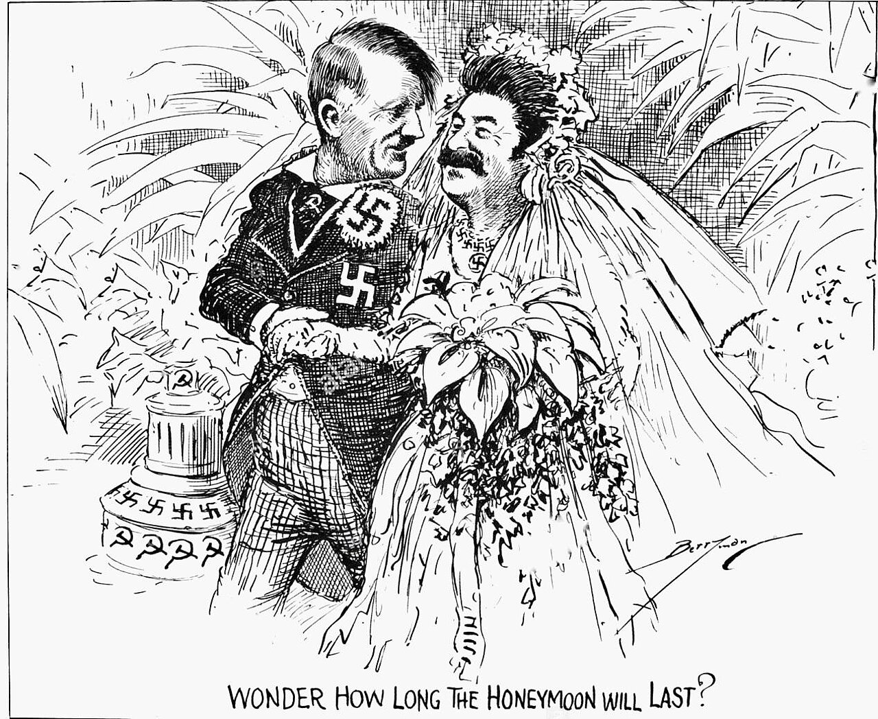 Zeitgenössische Karikatur, The Washington Star, 1939 Bild: Clifford K. Berryman, Public domain, via Wikimedia Commons;  https://upload.wikimedia.org/wikipedia/commons/6/61/Hitler_and_Stalin._Wonder_how_long_the_honeymoon_will_last%3F.jpg