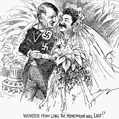 Zeitgenössische Karikatur, The Washington Star, 1939 Bild: Clifford K. Berryman, Public domain, via Wikimedia Commons;  https://upload.wikimedia.org/wikipedia/commons/6/61/Hitler_and_Stalin._Wonder_how_long_the_honeymoon_will_last%3F.jpg