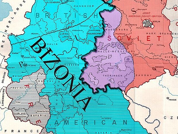 Bizonia Occupation Map von 1947, Urheber: US Army, https://commons.wikimedia.org/wiki/File:Bizonia_Occupation_Map.jpg, ausgeschnitten von HLZ, CC0 1.0