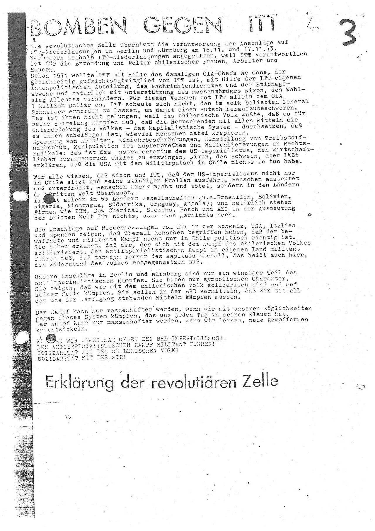 17. November 1973: 50. Jahrestag der ersten Anschläge der Revolutionären  Zelle in West-Berlin und Nürnberg