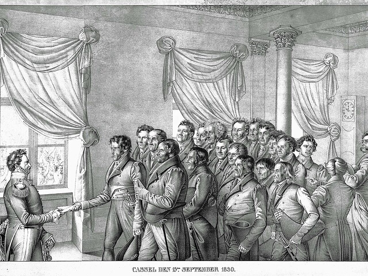 Die Kassler Bürgerschaft überreicht Kurfürst Wilhelm II. von Hessen am 15. September 1830 ihre Peon für eine Verfassung, als gemeinfrei gekennzeichnet, https://commons.wikimedia.org/wiki/File:Deputation_der_Kasseler_B%C3%BCrger_vor_Kurf%C3%BCrst_Wilhelm_I.jpg?uselang=de, ausgeschnitten von HLZ, CC0 1.0