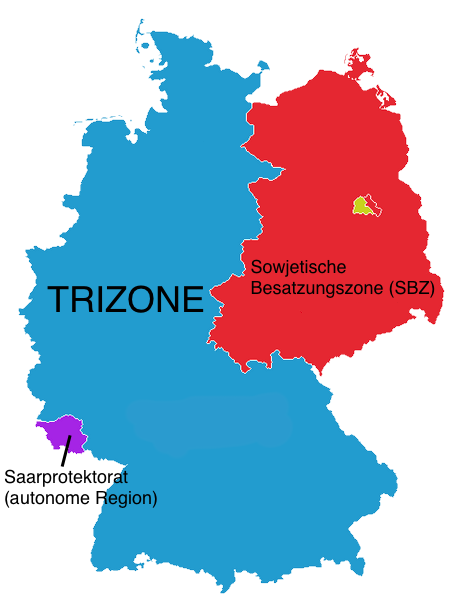 Farbgrafik: Deutschlandkarte mit farblich differenzierten Zonen. Die größte Zone ist in blau gehalten und enthält die Aufschrift "TRIZONE".